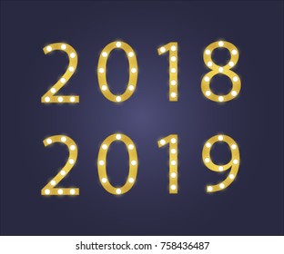 Numbers with light bulbs. Glowing numbers retro vector. Happy New Year 2018, 2019 with light bulbs