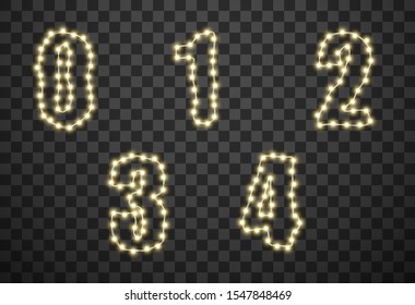 Numbers with light bulbs isolated on transparent background, vector illustration