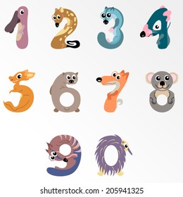 Numbers like Australian animals / Solid fill vector cartoon illustration