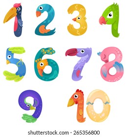 Numbers like birds in fairy style / There are numbers from one to ten in fairy style like different birds. Bright and colorful gradient illustration
