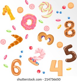 Numbers like sweets and buns pattern / Solid fill vector cartoon pattern