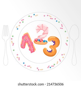 Numbers like sweets and buns plate design / Solid fill vector cartoon illustration