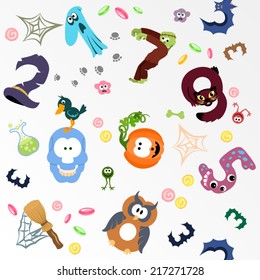 Numbers like symbols of the Halloween pattern on white / Solid fill vector cartoon seamless pattern