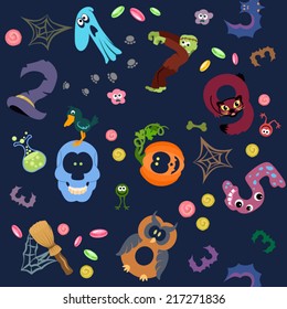 Numbers like symbols of the Halloween pattern on navy / Solid fill vector cartoon seamless pattern