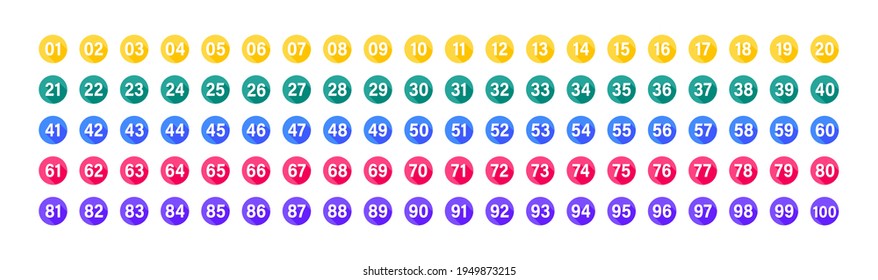 Numbers with long shadow on multicolored circles set. Vector flat illustration. Number bullet points from 1 to 50 isolated on white background.