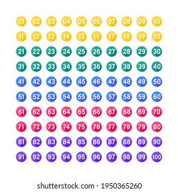 Numbers with long shadow on multicolored circles set. Vector flat illustration. Number bullet points from 1 to 100 isolated on white background.