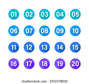 Numbers with long shadow on multicolored circles set. Vector flat illustration. Number bullet points from 1 to 20 isolated on white background.