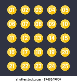 Numbers with long shadow on yellow circles set. Vector flat illustration. Number bullet points from 1 to 25 isolated on dark background.