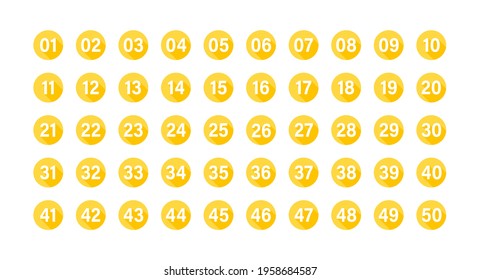 Numbers with long shadow on yellow circles set. Vector flat illustration. Number bullet points from 1 to 50 isolated on white background.