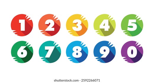 Numbers with long shadows on multicolored circles.