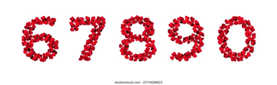 The numbers are made from hearts. Heart shaped rose petals fall. Heart paper confetti. Vector eps 10 illustration. Red color. Romantic floral background. Love backdrop. 14 February Valentine's Day.