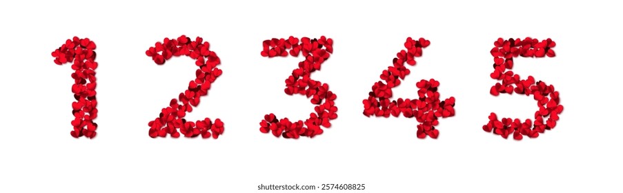 The numbers are made from hearts. Heart shaped rose petals fall. Heart paper confetti. Vector eps 10 illustration. Red color. Romantic floral background. Love backdrop. 14 February Valentine's Day.