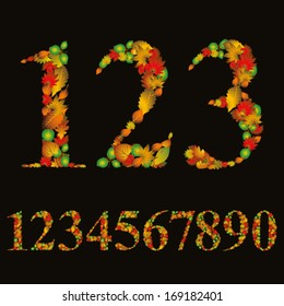 Numbers made with leaves, floral numerals set, vector illustration.