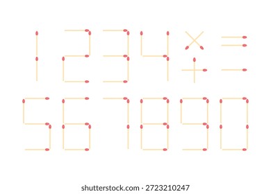 Números hechos de fósforos sobre un fondo blanco. Números, más, menos, multiplicación. Iguales hechos de fósforos.