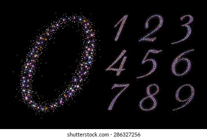 The numbers made up of multi-colored sparks.  Zero 0 One 1 Two 2 Three 3 Four 4 Five 5 Six 6 Seven 7 eight 8 nine 9. 