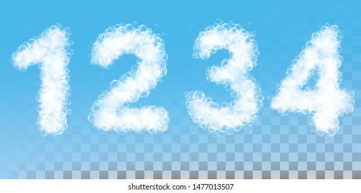 Numbers made out of soap foam and bubbles on transparent background. Vector illustration.