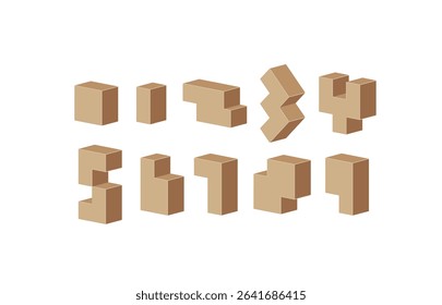 Numbers made in paper box style, numerals 0, 1, 2, 3, 4, 5, 6, 7, 8, 9, vector illustration 10EPS.
