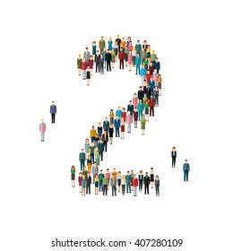 Números hechos de personas. Gran grupo de personas en forma de número dos 2.  Diseño plano, ilustración vectorial.
