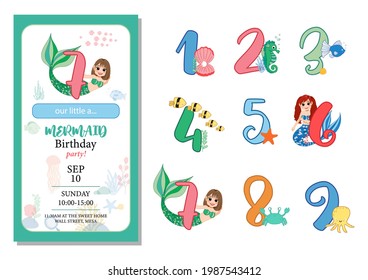 Numbers With Marine Life Vector Set. Beautiful element for Mermaid Birthday Party design, invitation, greeting card and cake toppers.