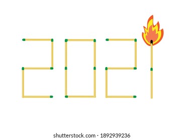 Numbers from matches with a burning flame on a white background. New Year 2021. Birthday celebration. Vector illustration.