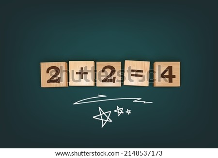 Numbers And Math Signs Wooden Blocks Lying On Chalkboard Desk. 3d Photo Realistic Vector Illustration. Top Perspective View