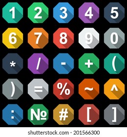 Numbers and Math Symbols Flat Icons Set with long shadow