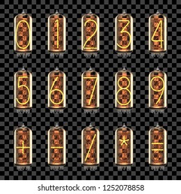 Numbers, math symbols set on tube indicator lamps