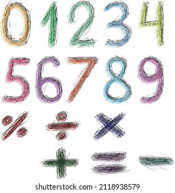 Numbers and mathematical signs with hatching
