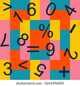 Numbers and mathematical signs on a colourful geometric background vector seamless pattern 