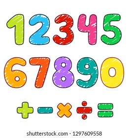 Numbers and mathematical signs, pencil crayon, children's colouring, vector, set, illustration.