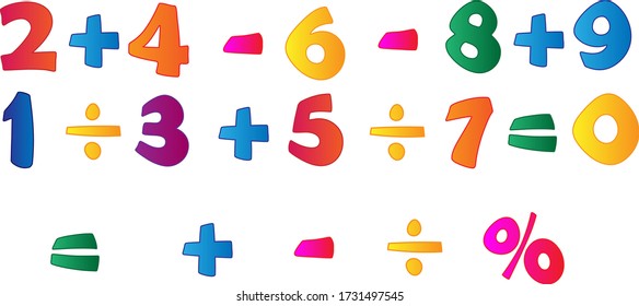 Numbers and mathematical signs, pencil crayon, children's colouring, vector, set, illustration.