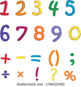 Numbers and mathematical signs, pencil crayon, children's colouring, vector, set, illustration.