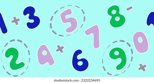 Numbers and mathematical symbols on a turquoise background. Seamless border. Vector illustration.
