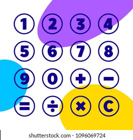Numbers and Mathematical Symbols. Round vector icons set in outline style for web or mobile app. Circle shape buttons for calculator interface design on colorful geometric background