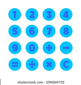 Numbers and Mathematical Symbols. Round vector icons set in flat style for web or mobile app. Blue color circle shape buttons for calculator interface design