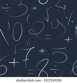 numbers and mathematical symbols seamless vector pattern, hand drawn by a thin line numbers and mathematical signs light blue on dark blue background, background of numbers and mathematical symbols