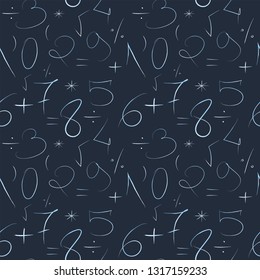 numbers and mathematical symbols seamless vector pattern, hand drawn by a thin line numbers and mathematical signs light blue on dark blue background, background of numbers and mathematical symbols