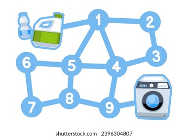 numbers maze for children with bleach bottle and washing machine picture printable tool worksheet