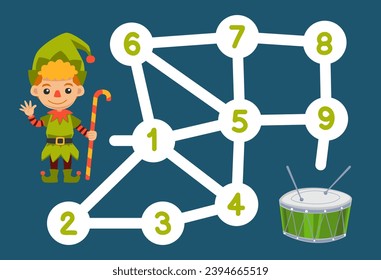 numbers maze for children help the dwarf get the drum printable music instrument worksheet