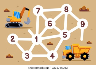 numbers maze for children help excavator move to dump truck printable transportation worksheet