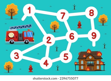 numbers maze for children help firetruck move to burning house printable transportation worksheet