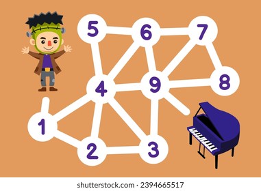 numbers maze for children help the frankenstein get the piano printable music instrument worksheet