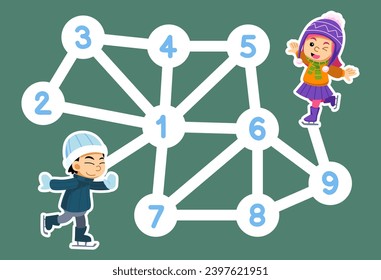 numbers maze for children help ice skating boy move to the girl printable winter worksheet