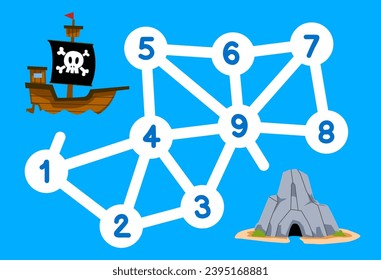 numbers maze for children help the ship move to the cave printable pirate worksheet