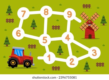 numbers maze for children help tractor move to windmill printable transportation worksheet