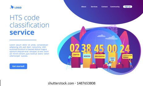 Numbers meaning explanation. Harmonized system classification, HTS code classification service, international trading goods classification concept. Website homepage landing web page template.