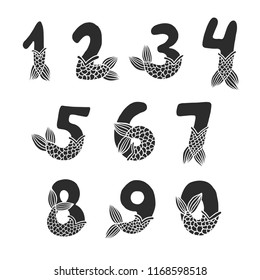 Numbers With Mermaid Tail Vector Set. Beautiful element for Mermaid Birthday Party design, invitation, greeting card and cake toppers.