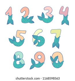 Numbers With Mermaid Tail Vector Set. Beautiful element for Mermaid Birthday Party design, invitation, greeting card and cake toppers.