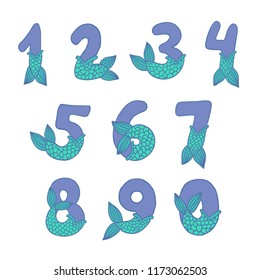 Numbers With Mermaid Tail Vector Set. Beautiful element for Mermaid Birthday Party design, invitation, greeting card and cake toppers.