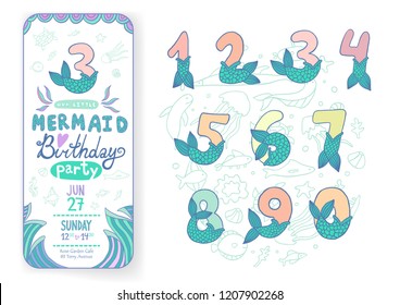 Números Con Conjunto De Vector De Cola De Sirena. Hermoso elemento para el diseño de la fiesta de cumpleaños de Sirena, invitación, tarjeta de felicitación y toallas de pastel.